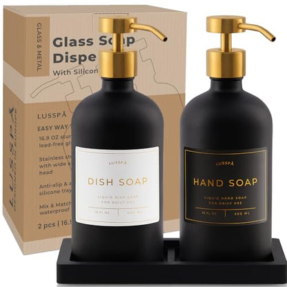 Glass Soap Dispenser Set of 2 (Black) with Silicone Tray | Hand and Dish Soap Dispenser for Kitchen and Bathroom | 16.8 Oz Glass Bottles with Stainless Steel Pump & 15 Waterproof Labels (Black/Gold)