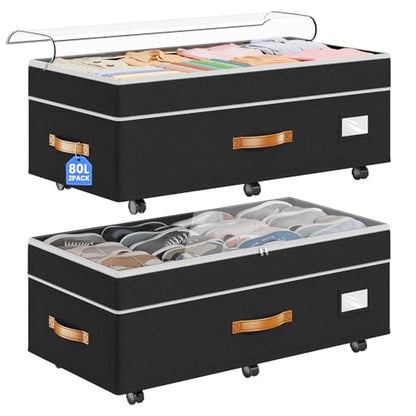 80L 2 Pack Adjustable Under Bed Storage with Wheels | Underbed containers with clear lids, rolling under bed shoe storage organizer for dorm home clothes, blankets, toys, black