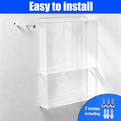Triple Hygiene Dispenser Sanitation Station with Lid - Tabletop or Wall Mounted Masks and Glove Box Holder Dispenser for Hairnet Shoe Cover - 3 Compartments Acrylic Medical Organizer, Clear