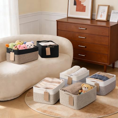 Goodpick 4 Pack Storage Baskets for Organizing Shelves, Light Brown & White | 13" x 8" x 6" Woven Rope Baskets for Baby Toys & Diapers, Decorative Gift Basket for Home & Nursery, Rectangle Design