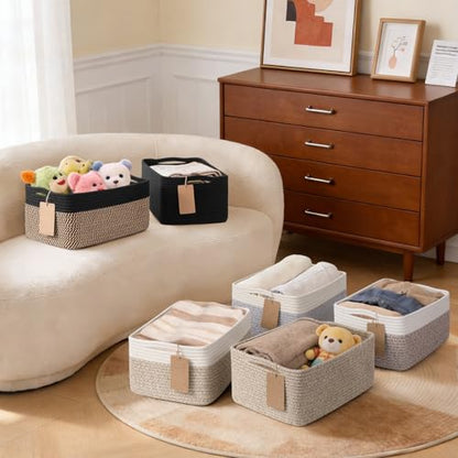 Goodpick 4 Pack Storage Baskets for Organizing Shelves, Light Brown & White | 13" x 8" x 6" Woven Rope Baskets for Baby Toys & Diapers, Decorative Gift Basket for Home & Nursery, Rectangle Design