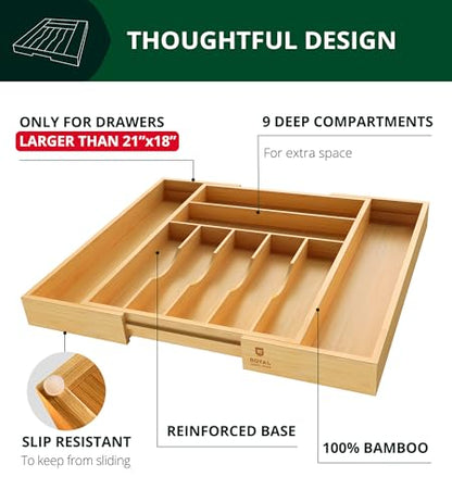 ROYAL CRAFT WOOD Luxury Bamboo Kitchen Drawer Organizer - Silverware Organizer, Utensil Holder & Cutlery Tray Drawer Dividers for Flatware (9 Slot, Natural)