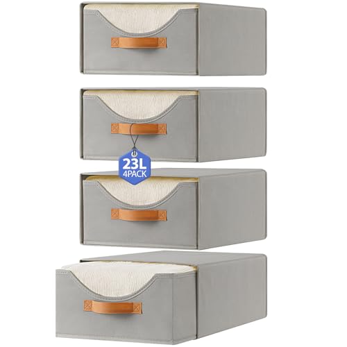 4 Pcs 16.5" Closet Drawers and Large Size Clothes Storage Bins Push-Out Storage Stackable Shelf Drawers with See-Through Window Closet Organizers for Bedroom, Living Room, Under Bed, Grey