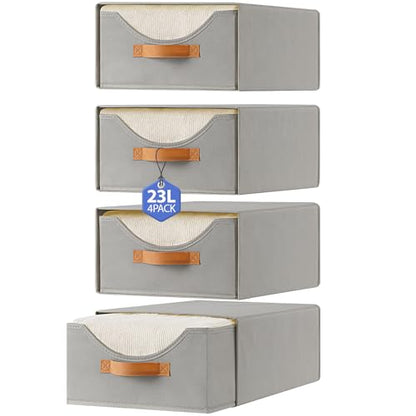 4 Pcs 16.5" Closet Drawers and Large Size Clothes Storage Bins Push-Out Storage Stackable Shelf Drawers with See-Through Window Closet Organizers for Bedroom, Living Room, Under Bed, Grey