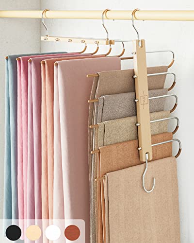 Pants Hangers Space Saving - 2 Pack European Beechwood Scarf and Jean Hangers - Closet Organizer and Space Saver Pant Rack, Leggings Hanger, and Scarf Holder with 360° Swivel Hook