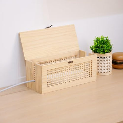 JJSQ Cable Management Box, Large Cable Box Hider for Power Strip & Router, Natural Wooden Cord Organizer Box, Cable Storage Box to Hide Cords, Desk Cord Organizer 12.6 × 5.1× 5.5 in