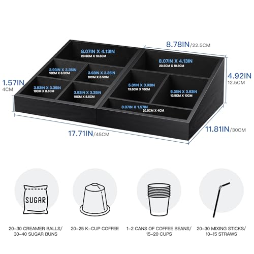 MINCORD Coffee Station Organizer for Counter | Wood Coffee Condiment Service Tray with 9 Compartment | Two-in-One Coffee Bar Supplies Organizer for Home Office Breakroom
