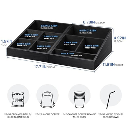 MINCORD Coffee Station Organizer for Counter | Wood Coffee Condiment Service Tray with 9 Compartment | Two-in-One Coffee Bar Supplies Organizer for Home Office Breakroom