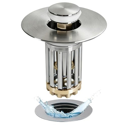 Anlige 3 in 1 Pop Up Bathroom Sink Stopper, Bathroom Sink Drain Strainer, with Removable Basket Hair Catcher, Universal Sink Plug Cover for 1.06 in to 1.6 in Drain, Brushed Nickel