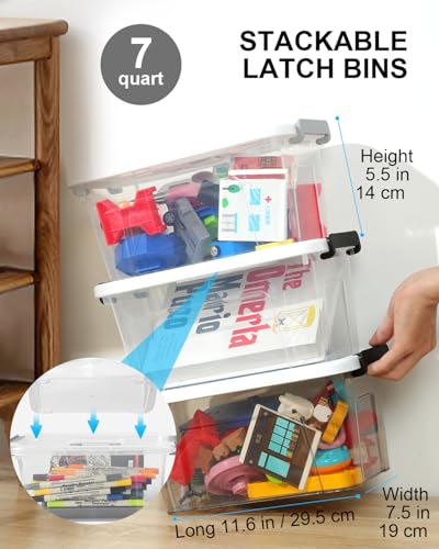 7Qt Clear Plastic Storage Bins with Lids,Transparent Design,6 Pack | Stackable organizing totes with buckle latches & handles.Dust-proof clear design for home,office & pantry space saving