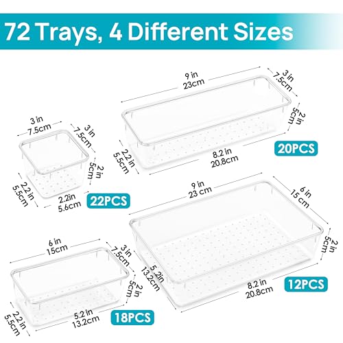 72 PCS Clear Plastic Drawer Organizers Set, 4-Size... (72 Count | Clear | Plastic)