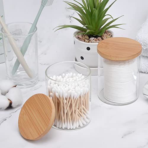 BKYFPQ 2 Pack Glass Qtip Holder Dispenser for Cotton Ball,Swab,Pads,Floss | Apothecary Jars with Lids,Vanity Makeup Organizer and Bathroom Canister Storage Organizer