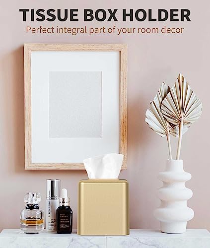 Tissue Box Cover, Square Metal Tissue Box Holder Modern Decor Facial Napkin Holder Tissue Box Dispenser for Bathroom Vanity Countertop, Living Room, Bedroom, Office - Gold
