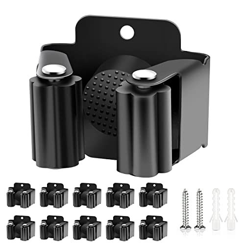 Verdenu 10 Pack Broom Holder Wall Mount, Mop Holder Wall Mounted, Stainless Steel Command Broom Holder with Screws, Garden Tool Rack Wall Mount for Kitchen, Home, Bathroom, Garage Storage, Black