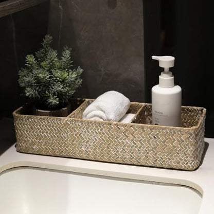 Seagrass Storage Basket for Bathroom, Wicker Toilet Basket Tank Topper, Woven Storage Box for Organizing (Whitewash, 14.6" x 4.7" x 3.1")