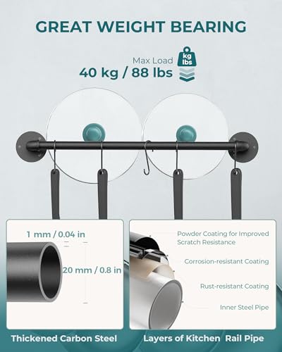 OROPY 21'' Pot Rack Wall Mounted, Iron Pipe Hanging Rack, 10 S Hooks, 2Pack | Industrial Utensils Kitchen Hanging Rail, Pot and Pan Organizer, Pot Lid Organizer, Black