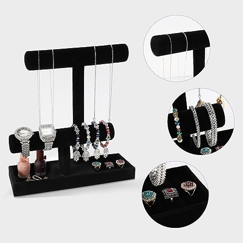 ByKen Necklace Holder,Bracelet Holder,Jewelry Organizer Stand with Earrings Rings Tray,Jewelry Holder for Scrunchie Watches (Black Velvet)
