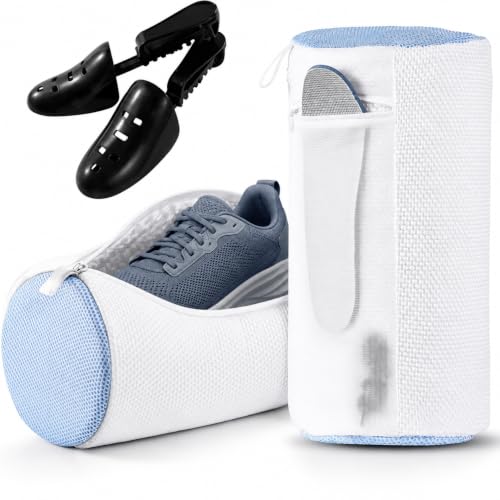 2 Pack XXL Shoe Washing Machine Bag, 700 GSM Heavy Duty Shoes Cleaning Bag with Anti-Tangle Mesh Pocket, 2 Adjustable Shoe Trees Keep Shape, Reusable Sneaker Laundry Bag for Frequent Wash, White