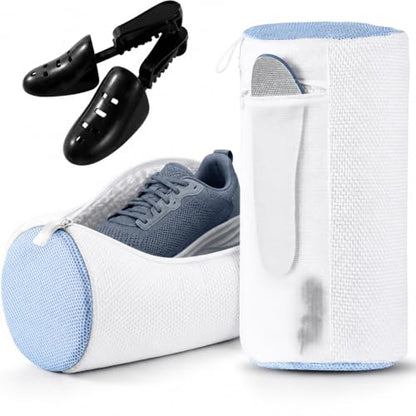 2 Pack XXL Shoe Washing Machine Bag, 700 GSM Heavy Duty Shoes Cleaning Bag with Anti-Tangle Mesh Pocket, 2 Adjustable Shoe Trees Keep Shape, Reusable Sneaker Laundry Bag for Frequent Wash, White