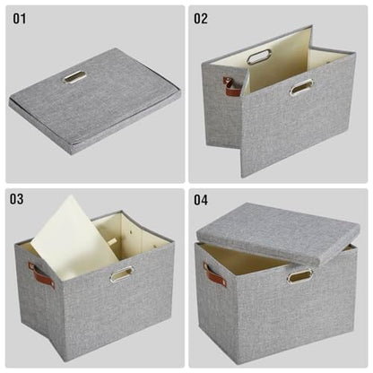 17" Large Collapsible Storage Bins with Lids, Stackable Closet Organizers with PU Handle and Labels, 3-Pack Decorative Fabric Storage Boxes for Home, Bedroom, Closet, Office, Nursery(Gray)