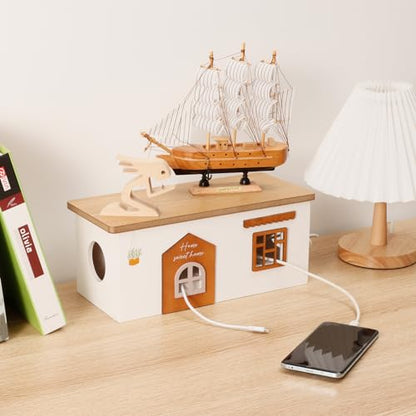 Cable Management Box, Wood Extension Cord Organizer, Handmade Power Strip Box for TV Computer Wire USB Hub System, Surge Protector Cord Hider Box on Desk or Floor (Medium)