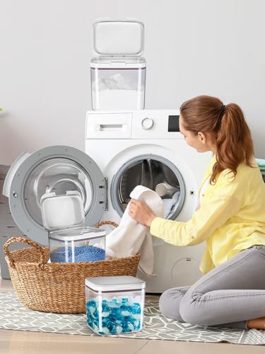 4.5L/10Lbs Laundry Powder Detergent Container with Lid | PET Clear Pods Dispenser with One-Press Lid and Measuring Cup 160oz (220 Pods)