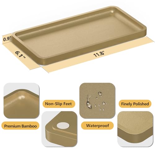Weenson Gold Bathroom Vanity Tray for Countertop Perfume Makeup Jewelry Decor Candle, Bamboo Kitchen Tray for Soap Dispenser Spice Coffee, Toilet Tank Tray 11.81”L x 6.1”W x 0.79”H