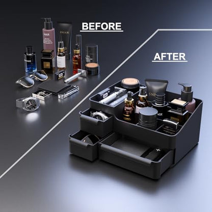 Men's Cologne Organizer with Drawers: Black Men Bathroom Counter Organizer, Dresser Organizer for Shaving Kit, Skincare, Gifts for Men