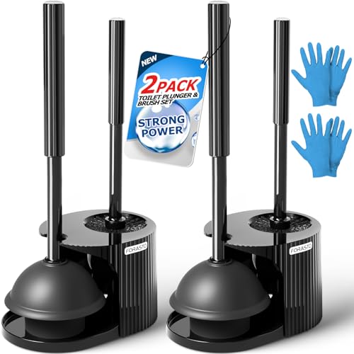 2Pack 2 in 1 Toilet Brush and Plunger Set, Extende... (2 Count | Black | Plastic)
