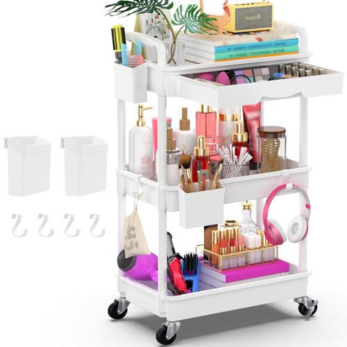 3 Tier Rolling Utility Cart Organizer with Removab... (White | Plastic)