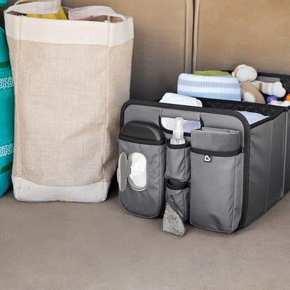 Munchkin Out-n-About Trunk Organizer for SUVs and Cars with Portable Changing Pad and Wet Baby Wipes for Diaper Changes On-the-Go, Collapsible, Grey