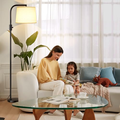 Arc Floor Lamp for Living Room with Rotary Switch, Linen Shade | Dimmable, Adjustable Head, 9W LED Bulb, Black, for Bedroom Office Dorm