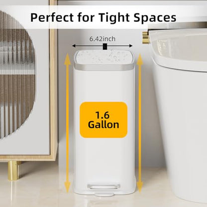 KdbK Stainless Steel Bathroom Trash Can with Lid Soft Close,1.6 Gallon Slim Garbage can,Small Metal Step Wastebasket for Office, Bedroom, Toilet, White