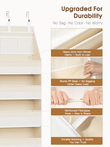Over the Door Organizer, 6-Shelf Closet Hanging Storage with 13 Mesh Pockets, 55lbs Capacity Behind the Door Storage for Baby Nursery, Bathroom, Bedroom, and Dorm, Beige