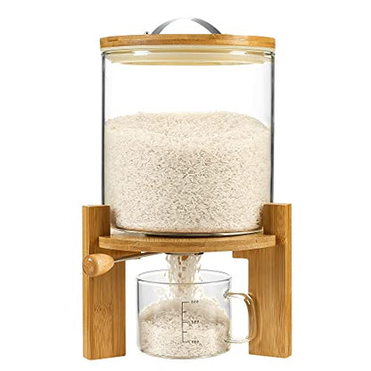 Rice Dispenser, Rice Storage Container：Flour and Cereal Container with Airtight Lid and Wooden Stand, Glass Food Storge Container for Kitchen Organization and Pantry Store (5L)