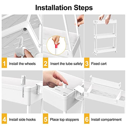 Slim Storage Cart 4 Tier,Bathroom Organizer Rolling Utility, Mobile Shelving Unit Slide Out for Office, Kitchen, Laundry Room & Narrow Places,White