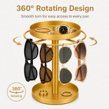 360° Rotating Sunglasses Organizer, 2-Tier with Jewelry Tray & Storage Base | Stainless Steel Glass Holder Stand, sunglasses storage for Multiple Sunglasses,Watches,Rings, Keys, Dresser, Desk, Nightstand