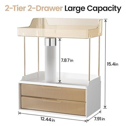 Delamu 4-Tier Makeup Organizer, Bathroom Counter Storage, 2 Drawers, Amber | Elegant Vanity Organizer Gift for Women, Holds Perfume, Skincare, Nail Polish & Hair Accessories for Bathroom Countertop
