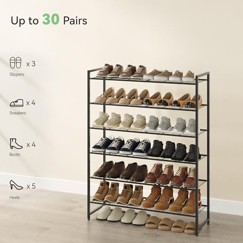 Nunsino Shoe Rack, Metal Shoe Organizer, 6 Tier Garage Shoe Rack Max Holds 30 Pairs,Shoe Storage Shelf for Closet,Entryway, Black