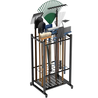 Tool Organizer for Garden, Garage Tool Organizer & Garage Organization – Heavy Duty Steel Garden Tool Organizer Stand Holds 35 Tools/Rakes/Brooms, Tool Storage Rack for Shed/Outdoor, Garage Organizer