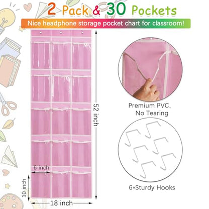 2 Pack Classroom Headphone Storage Organizer with 30 Pockets & 62 Labels | PVC Clear Classroom Pocket Chart for Headphone Cell Phone Over-the-Door Hanging Headphone Holder Bag for School Library, Pink