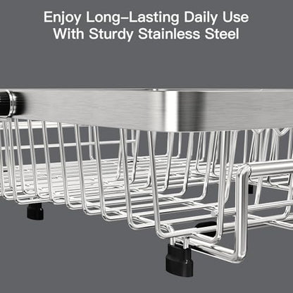 Dish Drying Rack Over The Sink with Utensil Holder | Expandable Stainless Steel Dish Drainer for Small Kitchen, Apartment, RV, Counter Space Saving, Perfect Fit, Rustproof