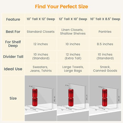 OKPOW Shelf Dividers for Closet Organization – Keep Sweaters & Purses Upright, Clear Acrylic Separators for Most Wood Shelves & Pantry, Damage-Free, Sturdy & Tall (10" x 12", 8 Pack)