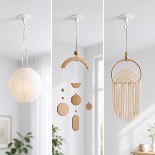 Adhesive Wall & Ceiling Decor Hooks: 6-Pack 3 lbs Heavy Duty No-Drill 360° Swivel Adjustable for Hanging Home Accents Lights Plants Wind Chimes Compatible with 3M Command Strips