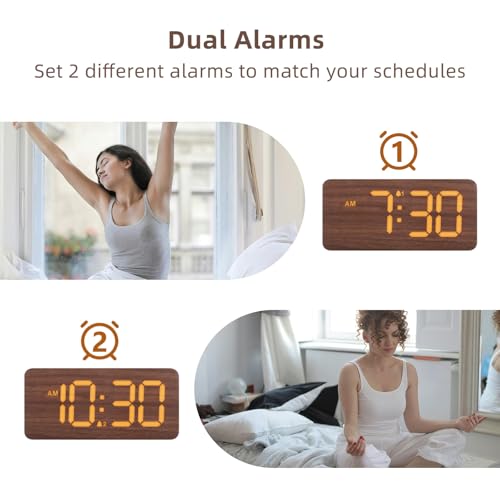 uscce Wooden Digital Alarm Clocks for Bedrooms with 0-100% Dimmable Display | Desk Clock with Large Numbers for Living Room - Loud Dual Alarm for Heavy Sleepers with Volume Control - Wood Decor & Gifts