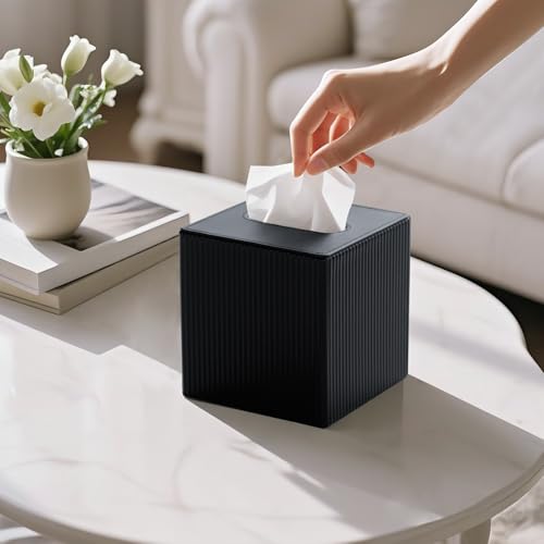 Mkono Tissue Box Cover, PU Leather Square Holder with Bottom, Black | Decorative Facial Cube Organizer, Vanity Dresser Countertop Tabletop, Bathroom Bedroom Office Nightstand, Home Decor Accent