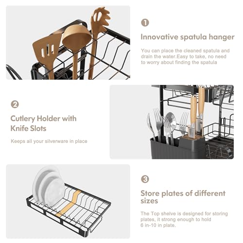 2 Tier Dish Drying Racks for Kitchen Counter with... (Black | Stainless Steel)