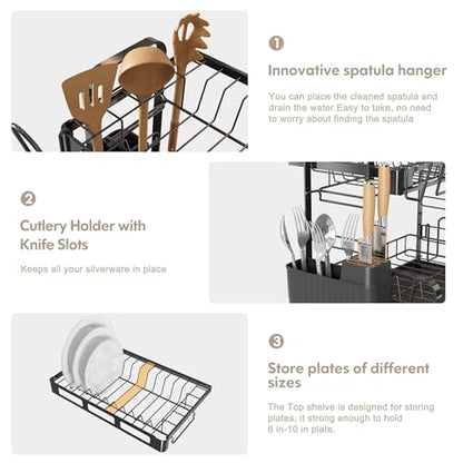 2 Tier Dish Drying Racks for Kitchen Counter with... (Black | Stainless Steel)