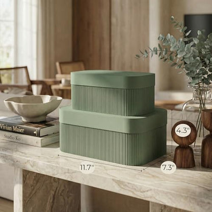 ZICOTO Decorative Storage Boxes with Lids - Set of 2 Beautiful Fluted Photo Organizer Bins for Your Home Bookshelf Decor to Safely Store Your Documents, Memory Box Items and Other Keepsakes in Style