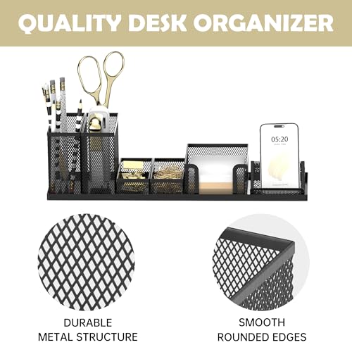 Pen Holder for Desk, 6-Piece Mesh Desk Organizer with Phone Holder, Black | 6-Piece Black Mesh Desk Set Includes Pen Cups, a Sticky Note Caddy and Phone Holder for Office, School, Home